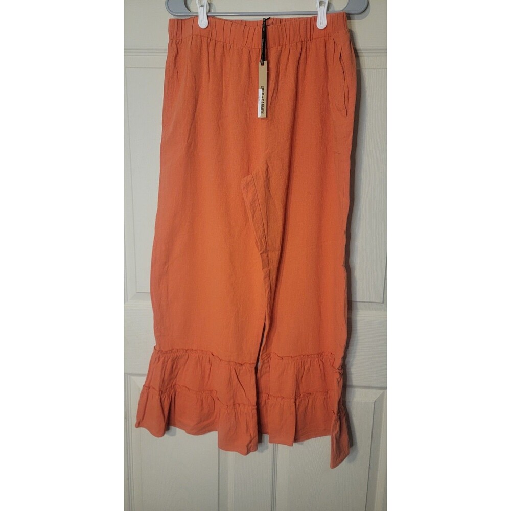 NWT Coco + Carmen Audrey Tiered Pants 100% Cotton L/XL Elastic Waist Orange